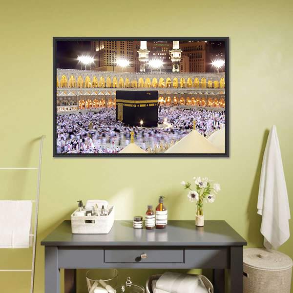 Kaaba At Night Canvas Wall Art-1 Piece-Floating Frame-24" x 16"-Tiaracle