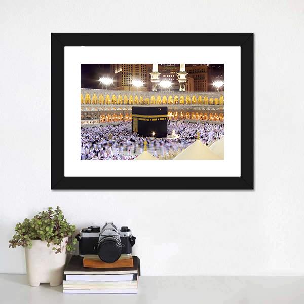 Kaaba At Night Canvas Wall Art-1 Piece-Framed Print-20" x 16"-Tiaracle