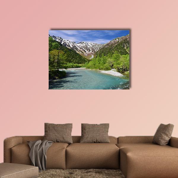 Kamikochi Highland Turquoise River and Snow Mountains Canvas Wall Art in white, green and blue, single panel hung on a wall
