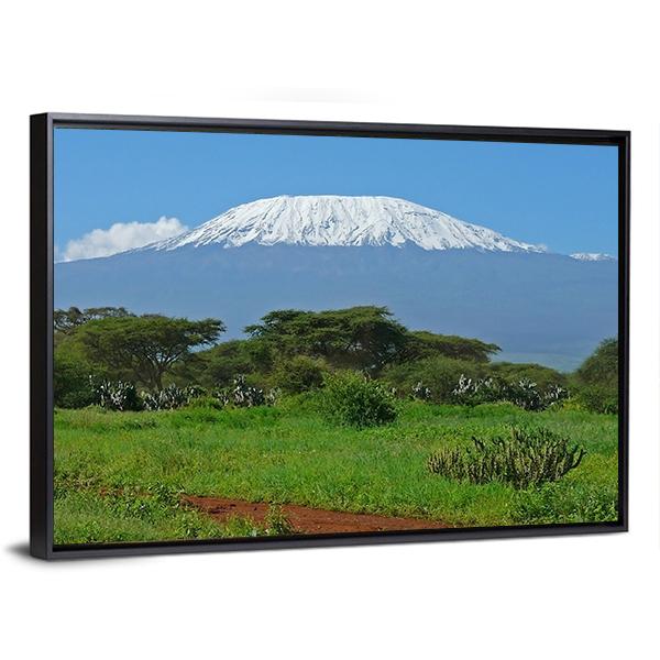 Mount Kilimanjaro Over Savanna Canvas Wall Art in white, green and blue, framed canvas, product view on a white background