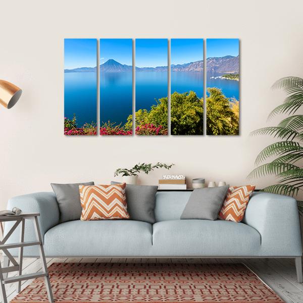 Lake Atitlan With Volcanoes Canvas Wall Art-5 Horizontal-Gallery Wrap-22" x 12"-Tiaracle