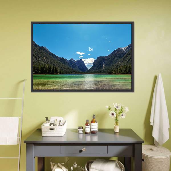 Lake In Dolomites Italy Canvas Wall Art-3 Horizontal-Gallery Wrap-25&quot; x 16&quot;-Tiaracle