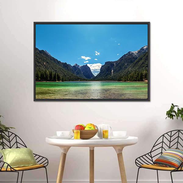 Lake In Dolomites Italy Canvas Wall Art-3 Horizontal-Gallery Wrap-25&quot; x 16&quot;-Tiaracle