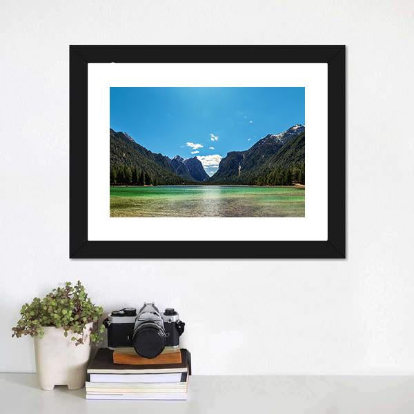 Lake In Dolomites Italy Canvas Wall Art-3 Horizontal-Gallery Wrap-25&quot; x 16&quot;-Tiaracle
