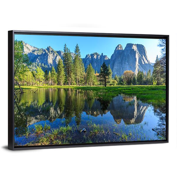 Serene Lake in Yosemite with Mountains Canvas Wall Art in gray, green and blue, framed canvas, product view on a white background