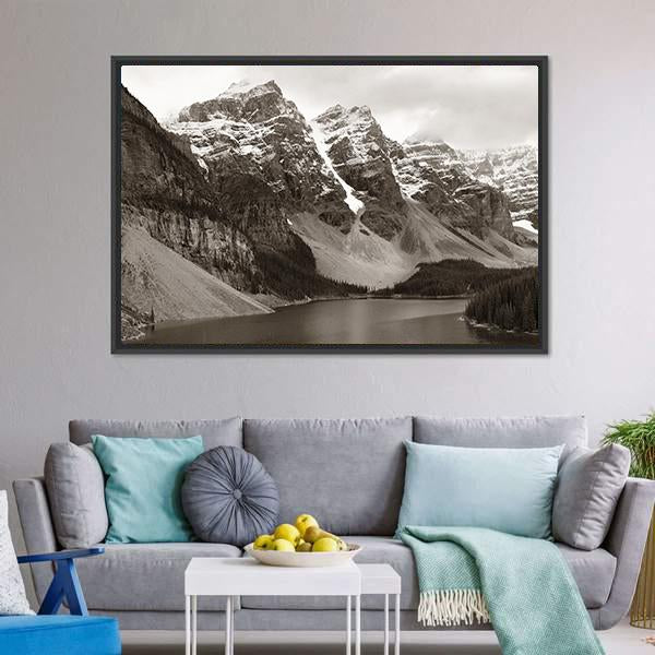 Lake Moraine In Canada Mountain Canvas Wall Art-3 Horizontal-Gallery Wrap-25" x 16"-Tiaracle