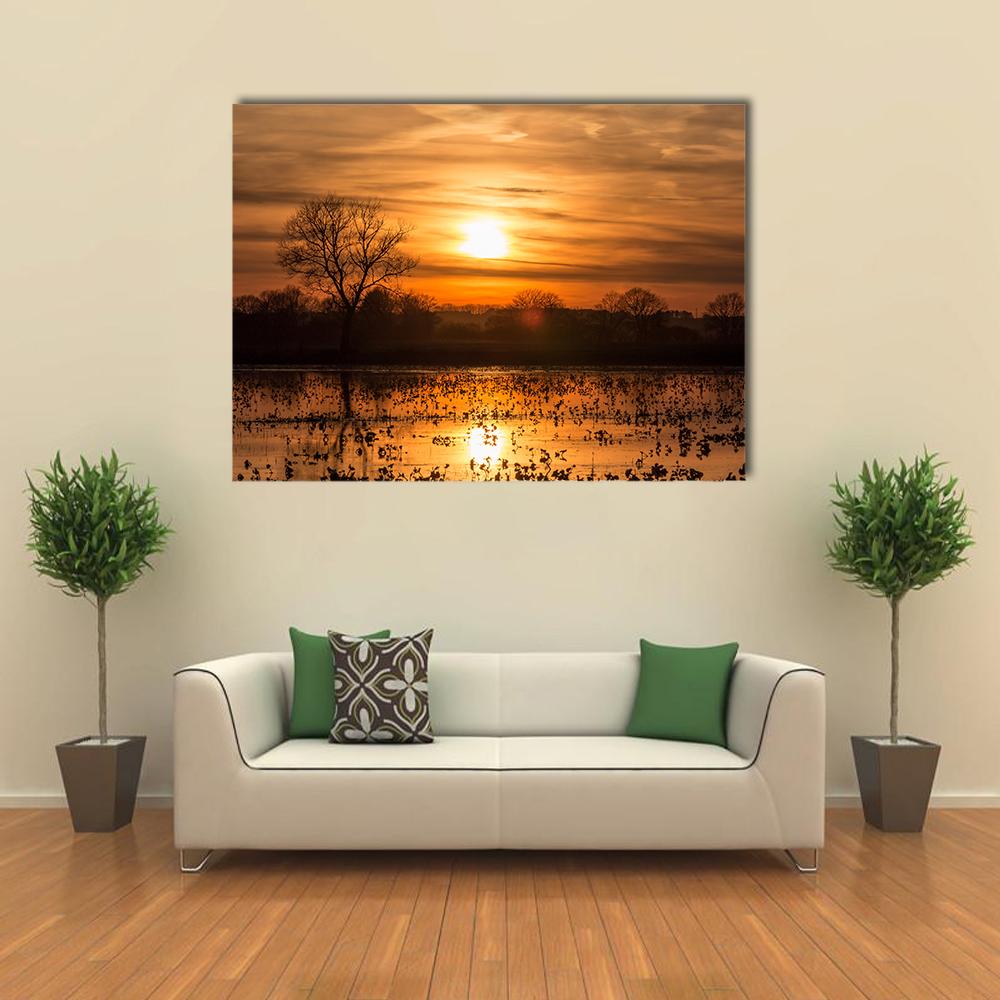 Lake Near Forest At Sunset Canvas Wall Art-5 Horizontal-Gallery Wrap-22" x 12"-Tiaracle