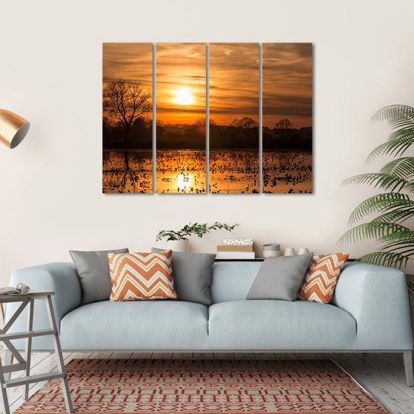 Lake Near Forest At Sunset Canvas Wall Art-4 Horizontal-Gallery Wrap-34" x 24"-Tiaracle