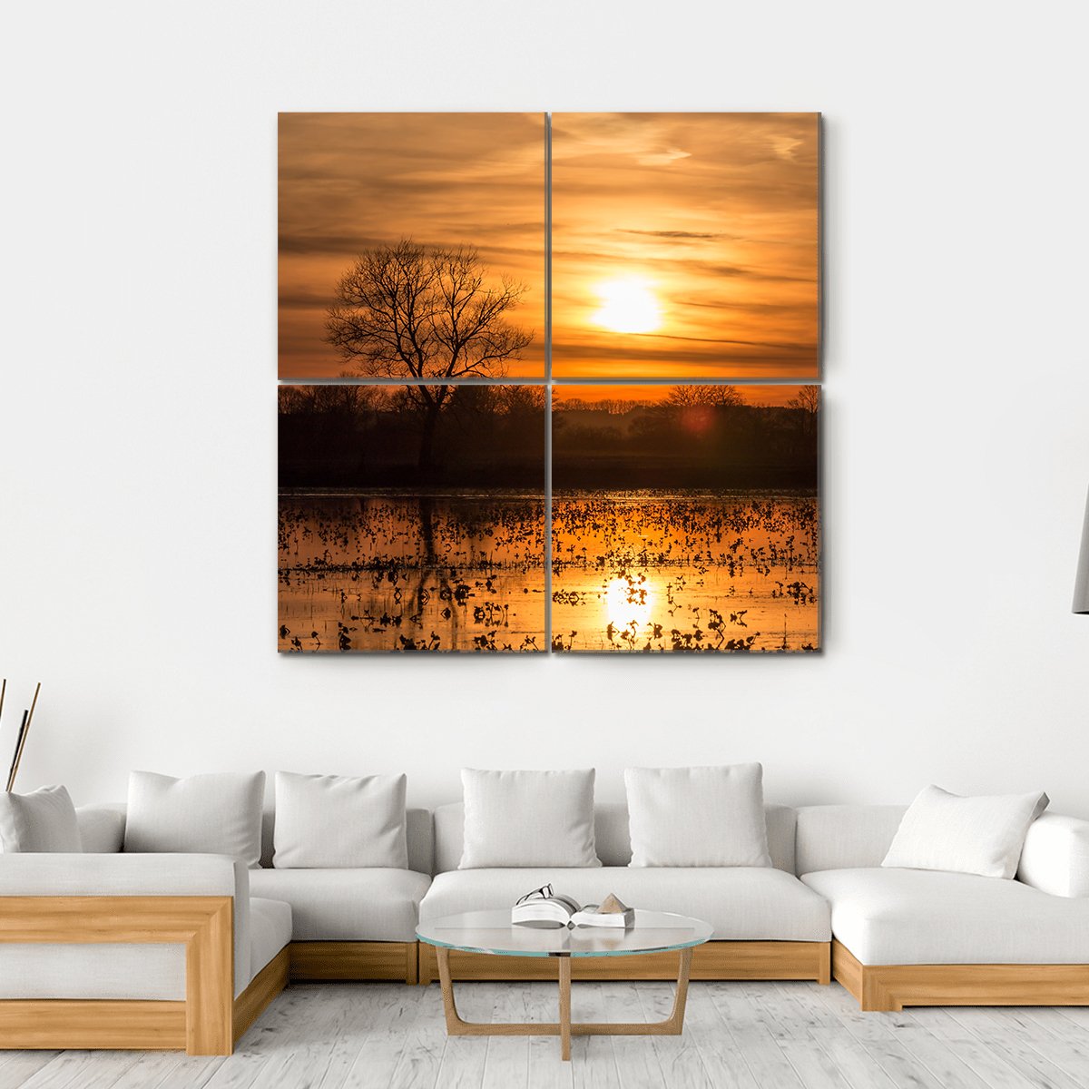 Lake Near Forest At Sunset Canvas Wall Art - Tiaracle