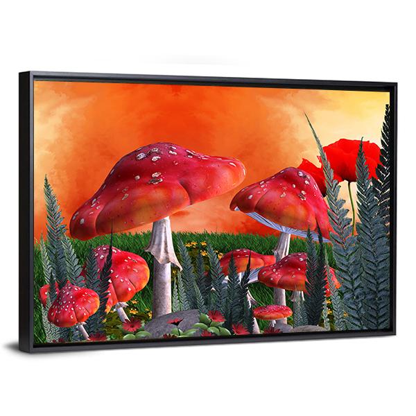 Enchanted Red Mushroom Forest Canvas Wall Art in red, orange and green, framed canvas, product view on a white background