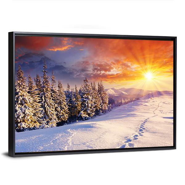 Majestic Sunset In Winter Mountain Canvas Wall Art-1 Piece-Floating Frame-24" x 16"-Tiaracle