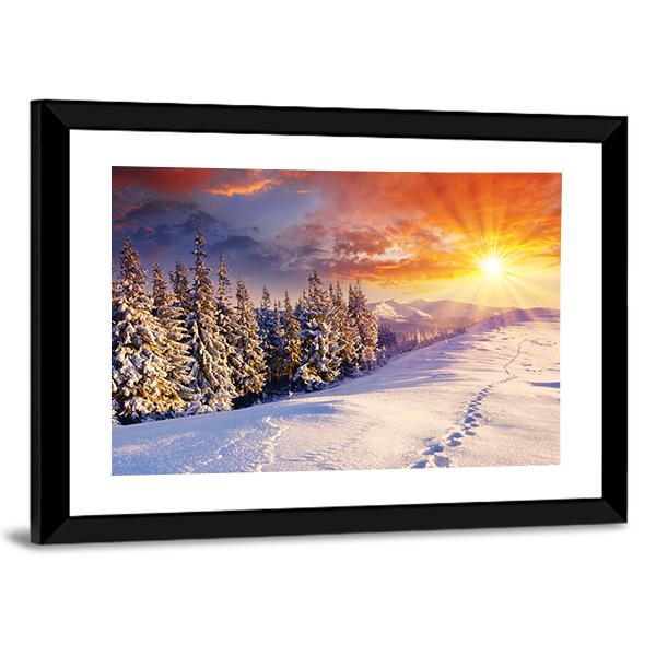 Majestic Sunset In Winter Mountain Canvas Wall Art-1 Piece-Framed Print-20" x 16"-Tiaracle
