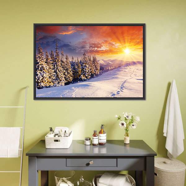 Majestic Sunset In Winter Mountain Canvas Wall Art-5 Horizontal-Gallery Wrap-22" x 12"-Tiaracle