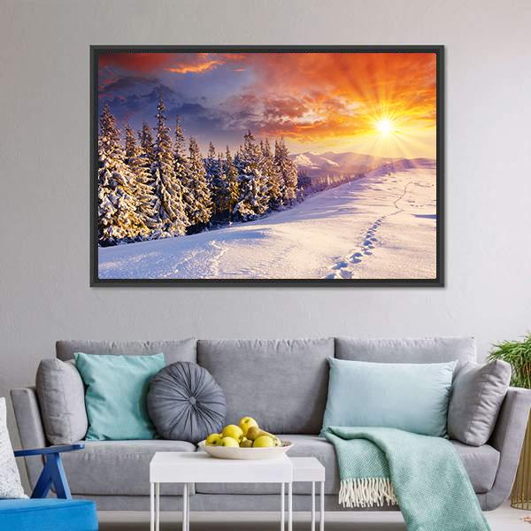Majestic Sunset In Winter Mountain Canvas Wall Art-5 Horizontal-Gallery Wrap-22" x 12"-Tiaracle