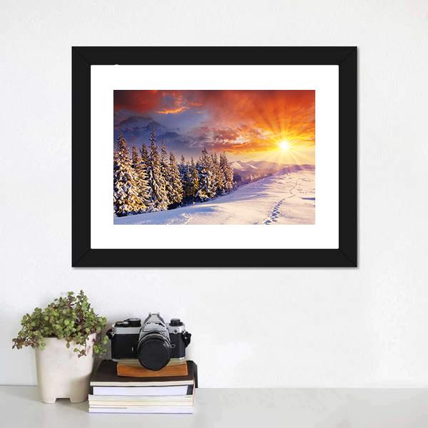 Majestic Sunset In Winter Mountain Canvas Wall Art-5 Horizontal-Gallery Wrap-22" x 12"-Tiaracle