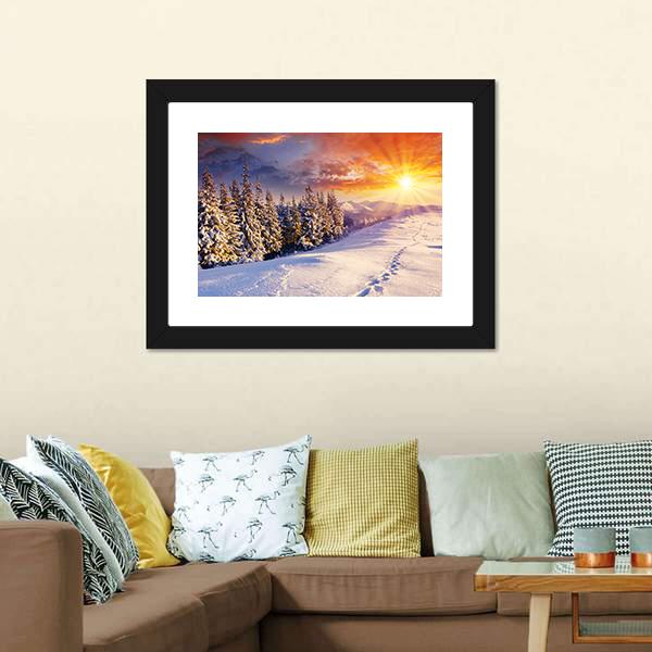 Majestic Sunset In Winter Mountain Canvas Wall Art-5 Horizontal-Gallery Wrap-22" x 12"-Tiaracle
