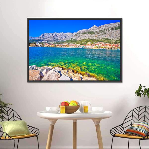 Makarska Turquoise Waterfront Canvas Wall Art-1 Piece-Floating Frame-24" x 16"-Tiaracle