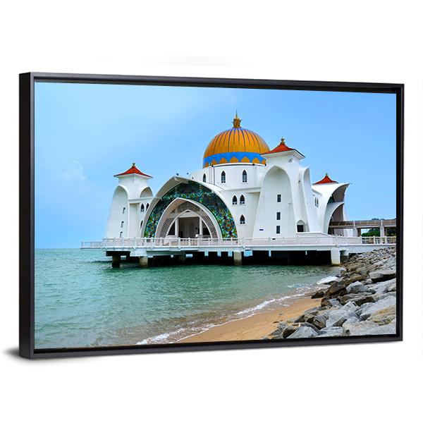 Malacca Straits Mosque In Malaysia Canvas Wall Art-1 Piece-Floating Frame-24" x 16"-Tiaracle