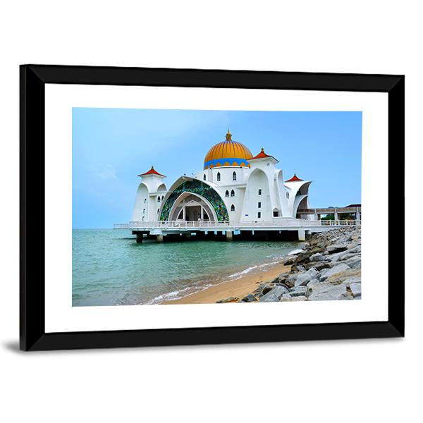 Malacca Straits Mosque In Malaysia Canvas Wall Art-1 Piece-Framed Print-20" x 16"-Tiaracle