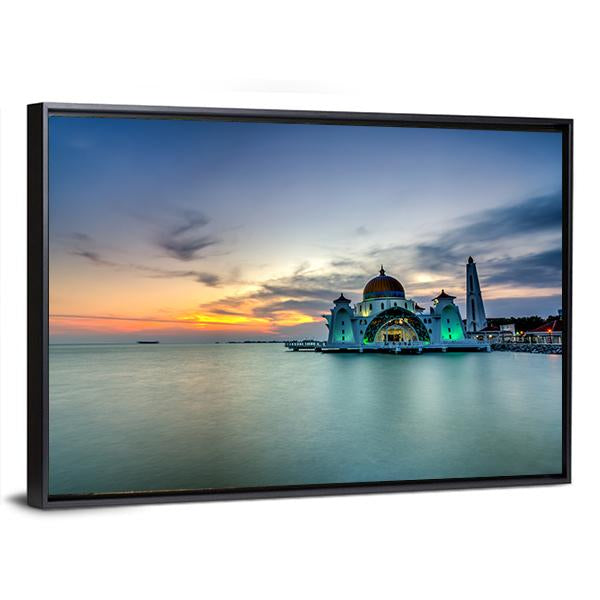 Malacca Straits Mosque Malaysia Canvas Wall Art-1 Piece-Floating Frame-24" x 16"-Tiaracle