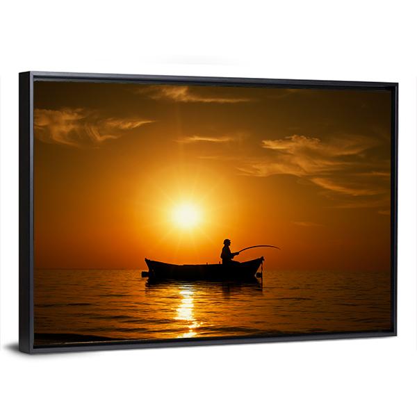 Man Fishing Under Sunset Canvas Wall Art-1 Piece-Floating Frame-24" x 16"-Tiaracle