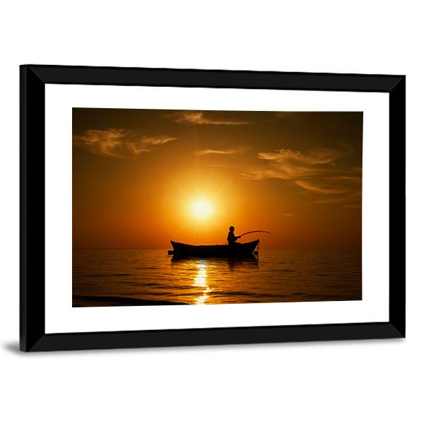 Man Fishing Under Sunset Canvas Wall Art-1 Piece-Framed Print-20" x 16"-Tiaracle