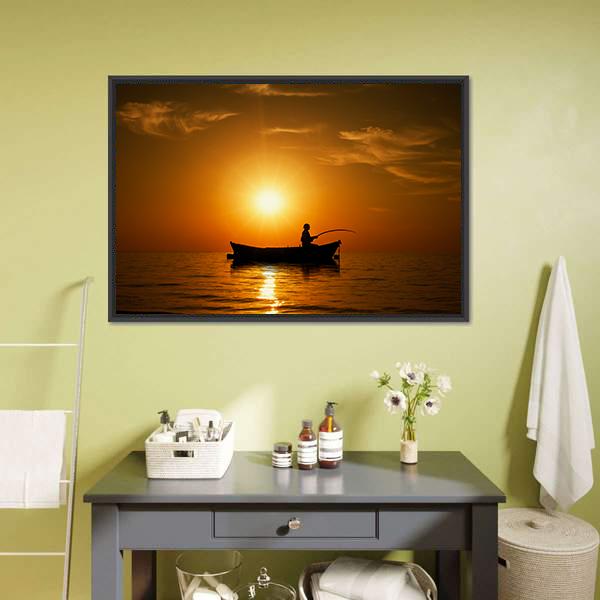 Man Fishing Under Sunset Canvas Wall Art-5 Horizontal-Gallery Wrap-22" x 12"-Tiaracle