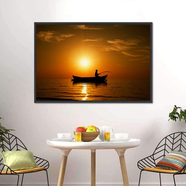 Man Fishing Under Sunset Canvas Wall Art-5 Horizontal-Gallery Wrap-22" x 12"-Tiaracle