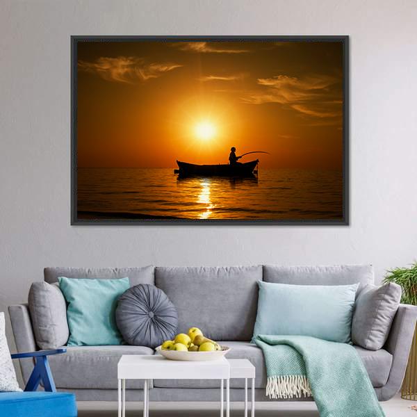 Man Fishing Under Sunset Canvas Wall Art-3 Horizontal-Gallery Wrap-25" x 16"-Tiaracle