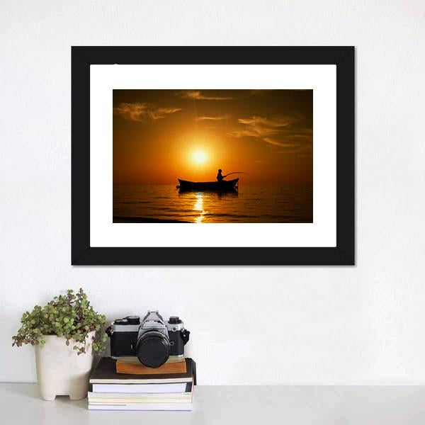 Man Fishing Under Sunset Canvas Wall Art-5 Horizontal-Gallery Wrap-22" x 12"-Tiaracle