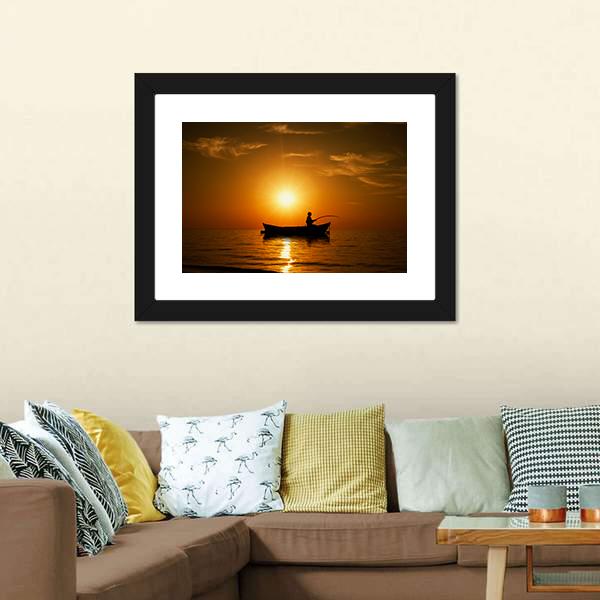 Man Fishing Under Sunset Canvas Wall Art-5 Horizontal-Gallery Wrap-22" x 12"-Tiaracle