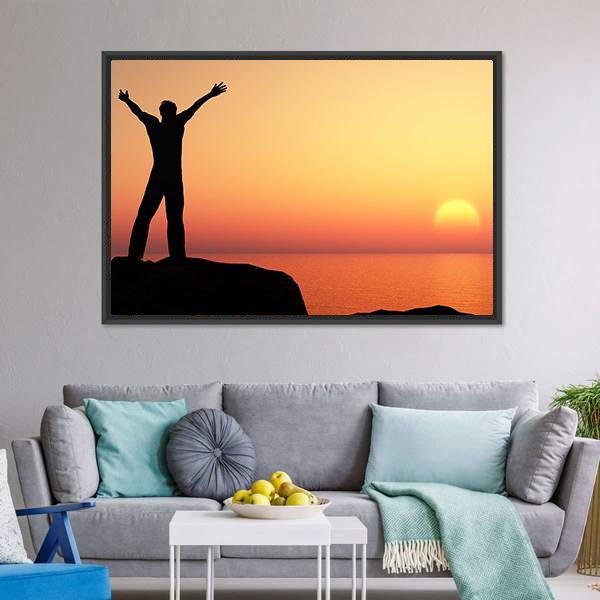 Man Greeting Sun Canvas Wall Art-3 Horizontal-Gallery Wrap-25" x 16"-Tiaracle
