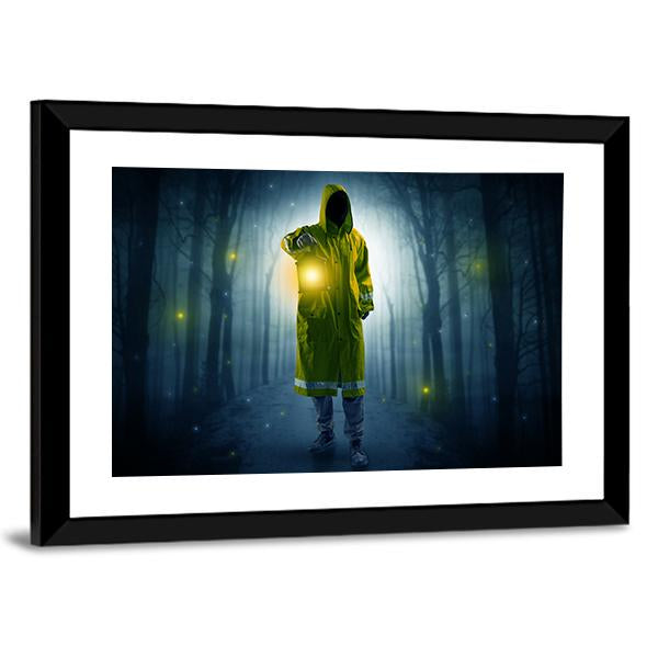 Man In Dark Forest Canvas Wall Art-1 Piece-Framed Print-20" x 16"-Tiaracle