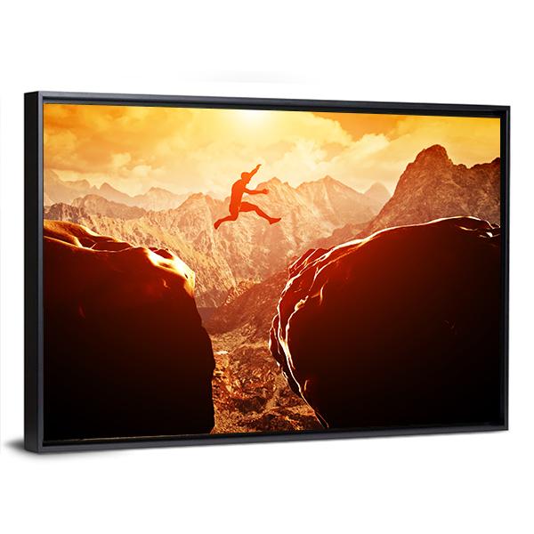 Man Jumping Through Rocks Canvas Wall Art-1 Piece-Floating Frame-24" x 16"-Tiaracle