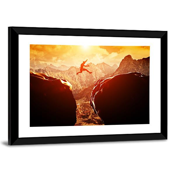Man Jumping Through Rocks Canvas Wall Art-1 Piece-Framed Print-20" x 16"-Tiaracle