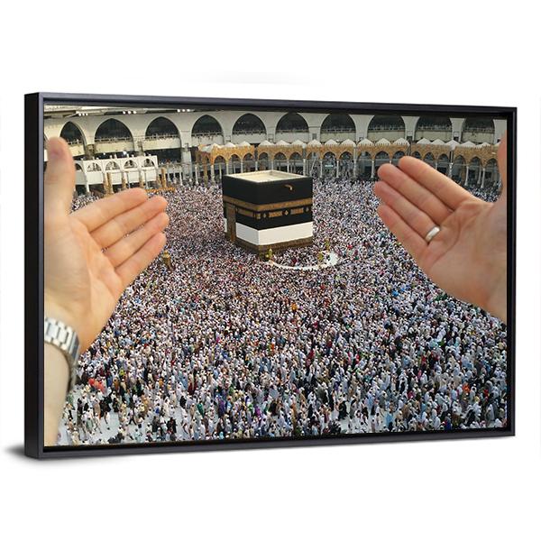 Man Praying & Holy Kaaba Canvas Wall Art-1 Piece-Floating Frame-24" x 16"-Tiaracle