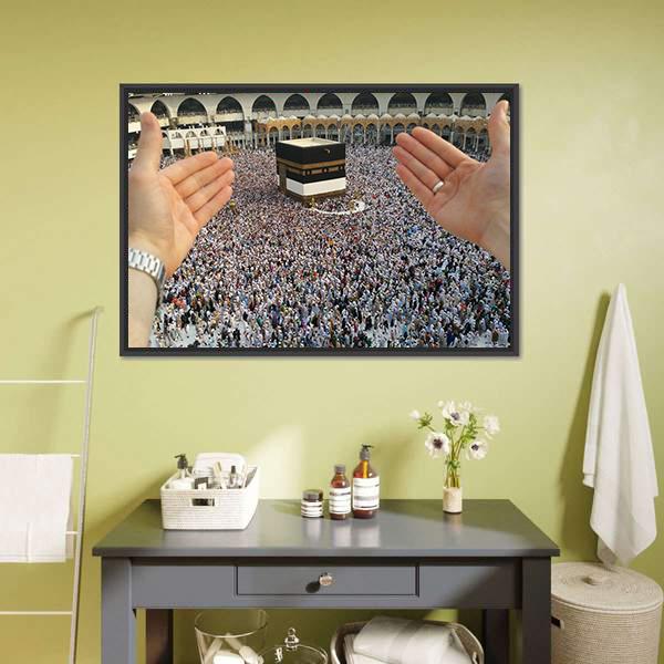 Man Praying & Holy Kaaba Canvas Wall Art-5 Horizontal-Gallery Wrap-22" x 12"-Tiaracle