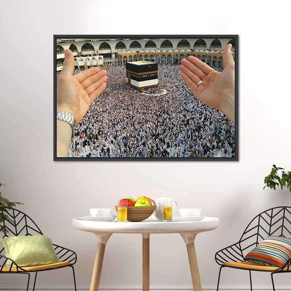 Man Praying & Holy Kaaba Canvas Wall Art-5 Horizontal-Gallery Wrap-22" x 12"-Tiaracle