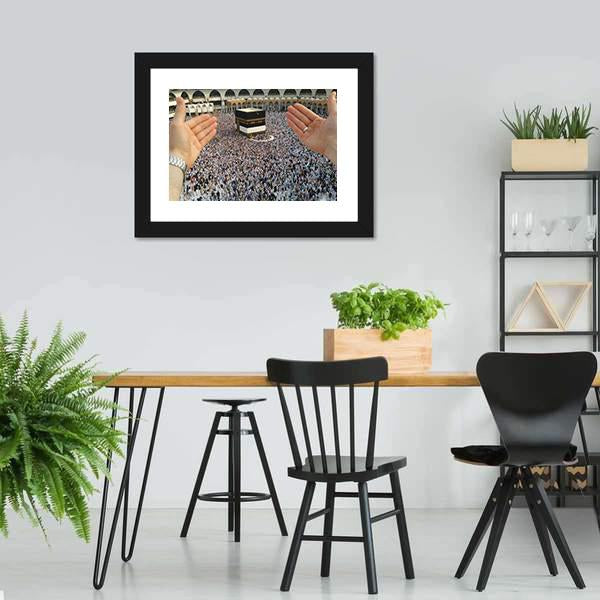 Man Praying & Holy Kaaba Canvas Wall Art-5 Horizontal-Gallery Wrap-22" x 12"-Tiaracle