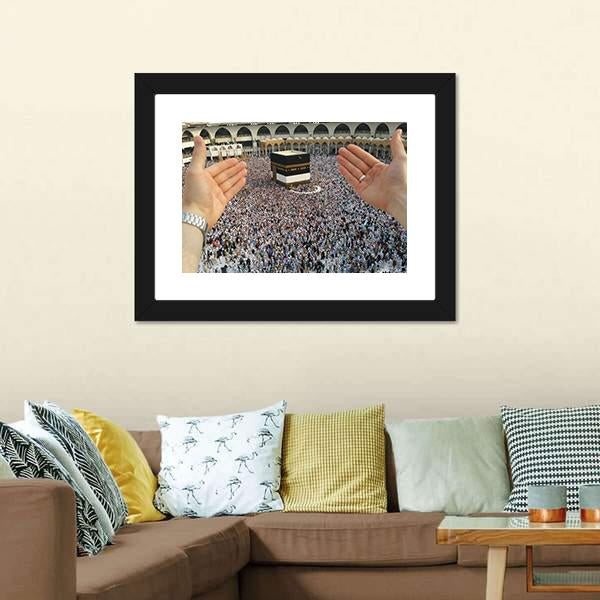 Man Praying & Holy Kaaba Canvas Wall Art-5 Horizontal-Gallery Wrap-22" x 12"-Tiaracle