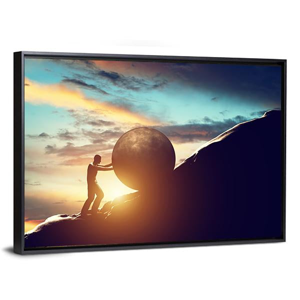 Man Rolling Ball Up Hill Canvas Wall Art-1 Piece-Floating Frame-24" x 16"-Tiaracle