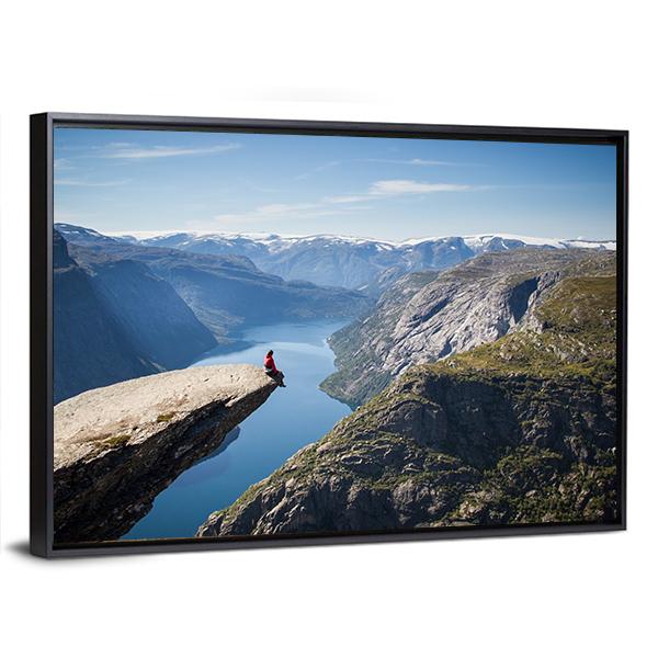 Man Sitting On Trolltunga Canvas Wall Art-1 Piece-Floating Frame-24" x 16"-Tiaracle