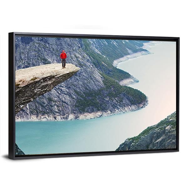 Man Standing At Trolltunga Canvas Wall Art-1 Piece-Floating Frame-24" x 16"-Tiaracle