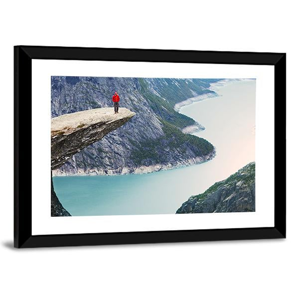 Man Standing At Trolltunga Canvas Wall Art-1 Piece-Framed Print-20" x 16"-Tiaracle