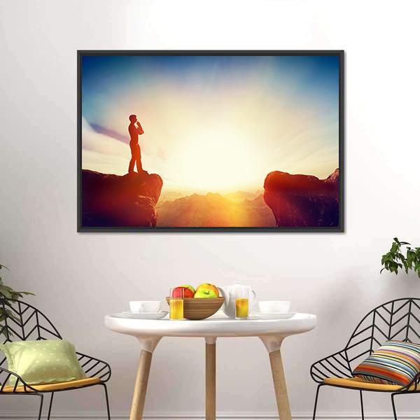Man Standing On Mountain Canvas Wall Art-1 Piece-Floating Frame-24" x 16"-Tiaracle