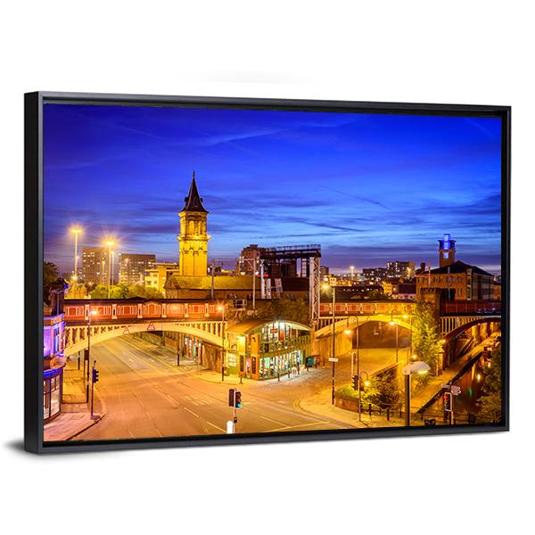 Manchester City At Night Canvas Wall Art-1 Piece-Floating Frame-24" x 16"-Tiaracle