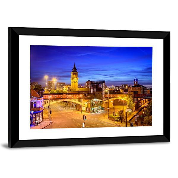 Manchester City At Night Canvas Wall Art-1 Piece-Framed Print-20" x 16"-Tiaracle