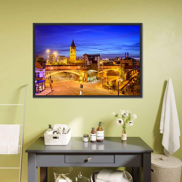 Manchester City At Night Canvas Wall Art-5 Horizontal-Gallery Wrap-22" x 12"-Tiaracle