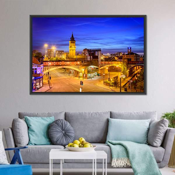 Manchester City At Night Canvas Wall Art-5 Horizontal-Gallery Wrap-22" x 12"-Tiaracle