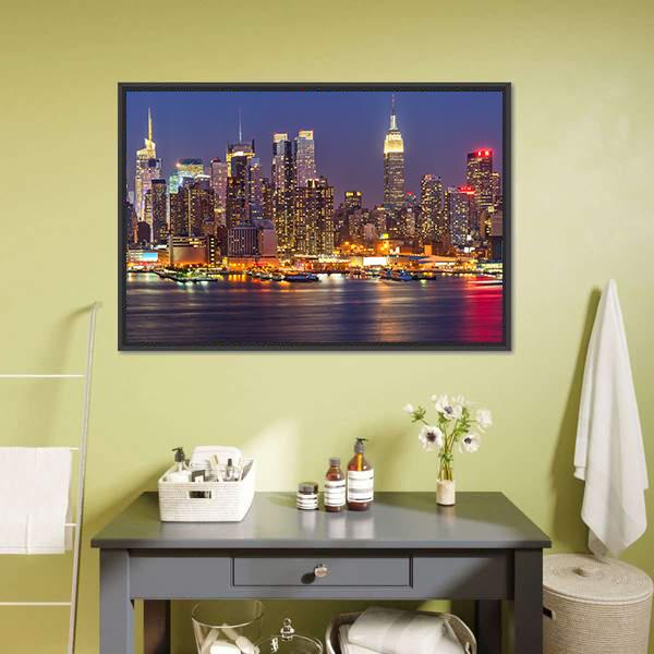 Manhattan At Night Canvas Wall Art-5 Horizontal-Gallery Wrap-22" x 12"-Tiaracle